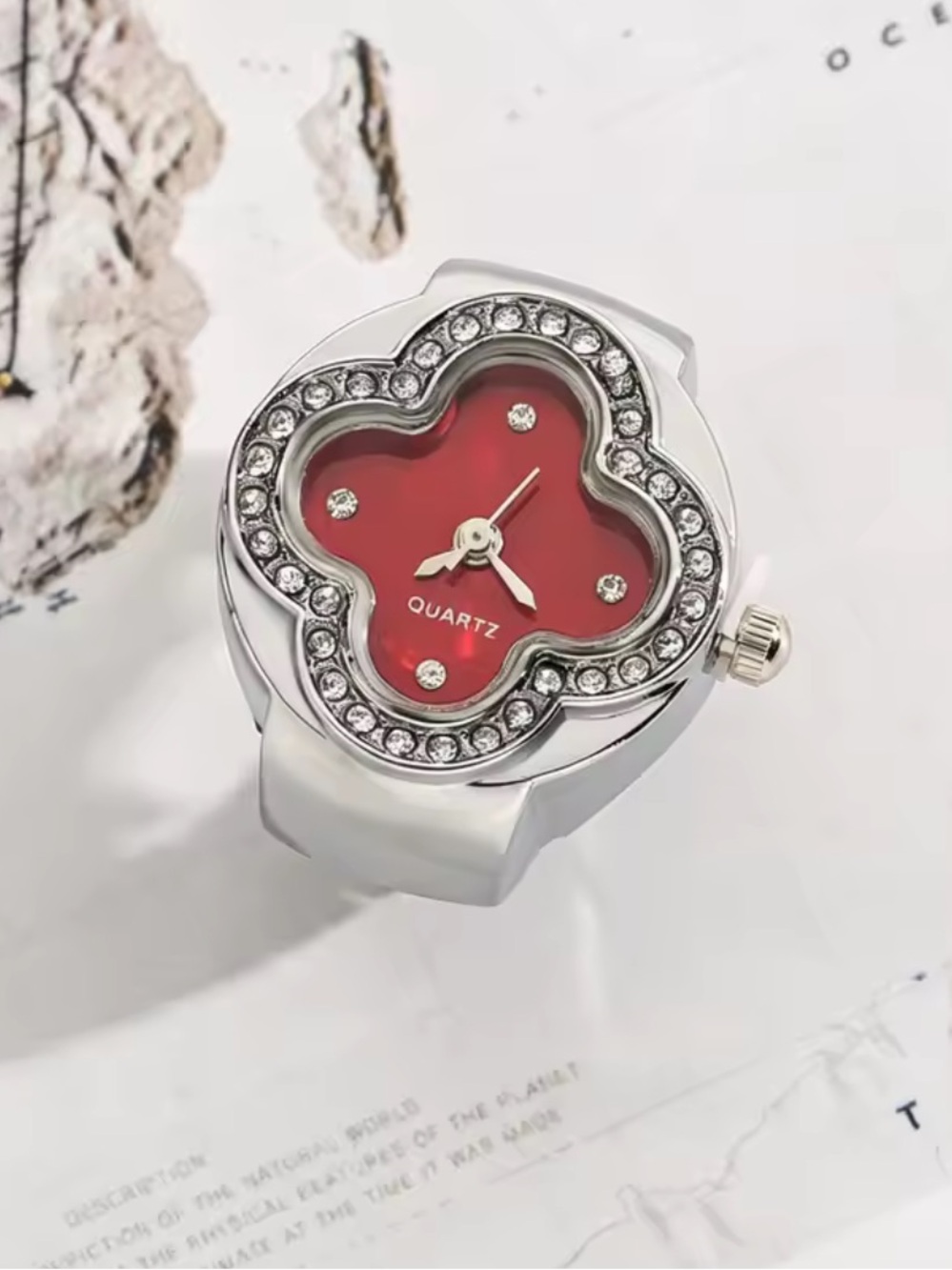 Silver Ring Watch with Red Floral Dial and Crystal Accents